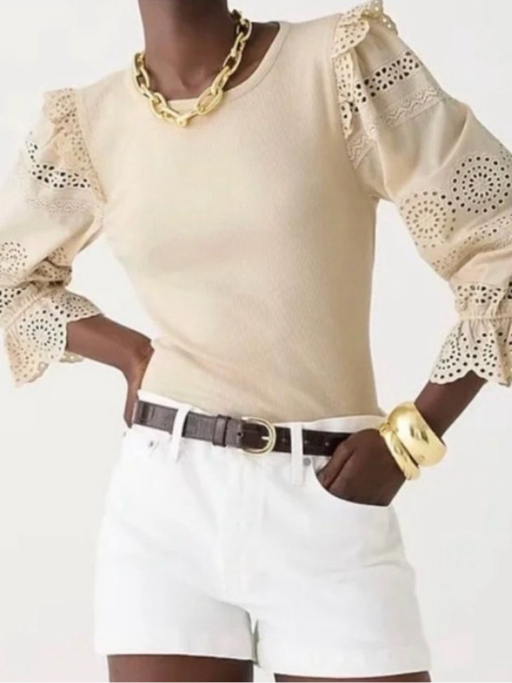 J. Crew | Ruffle-trim Eyelet Long Balloon Sleeve Top in Vintage Rib - XL - Picture 9 of 10